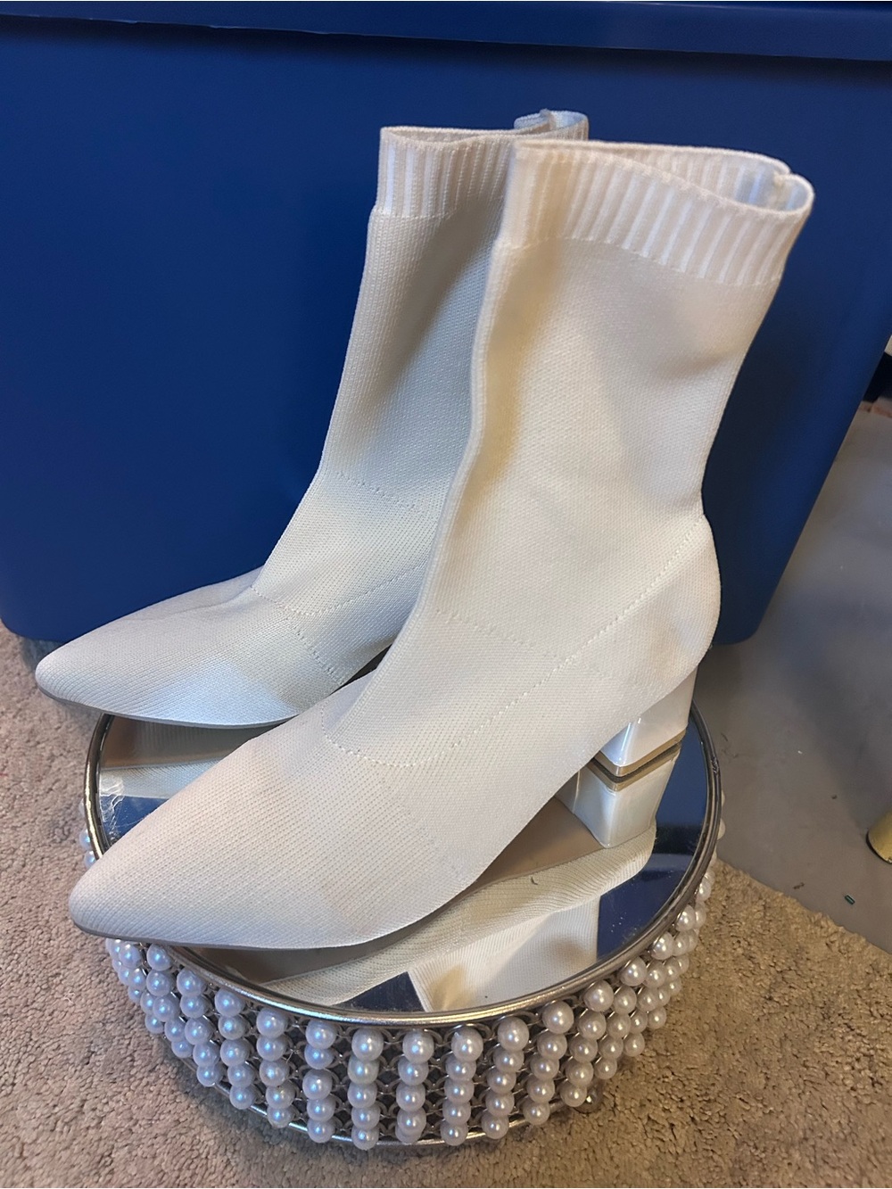 White Stretch-Knit Sock Boots with Chunky Geometric Heel 9